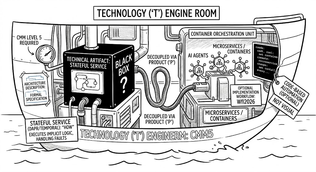The Technology engine room: implementation artifacts, microservices, and agents below deck